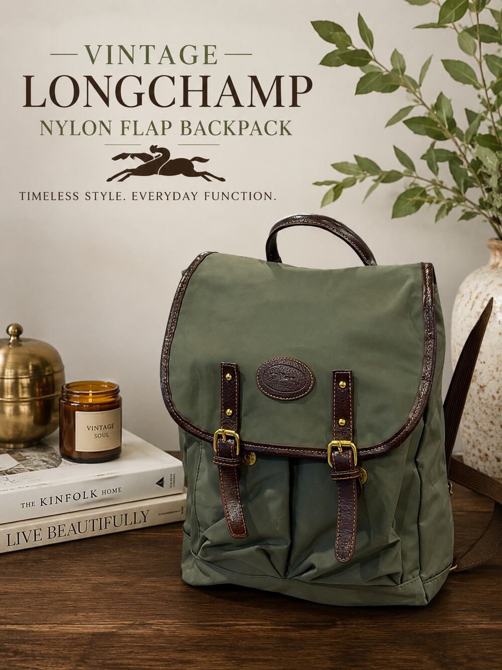Vintage Longchamp Paris Olive Green Nylon & Leather Flap Unisex Backpack